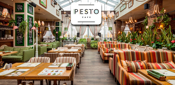 **Скидка 50%** на всё меню в ресторане Pesto café: равиоли с креветками, картофелем и сыром, пенне с баклажанами и копченым сыром в томатном соусе, вкуснейшая пицца, а также салаты, десерты и не только